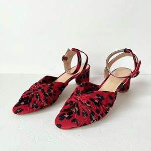 Cabi Pleated Red/Black Leopard Cylinder Heel Ankle Strap Sandals Size 9M (NWOB)